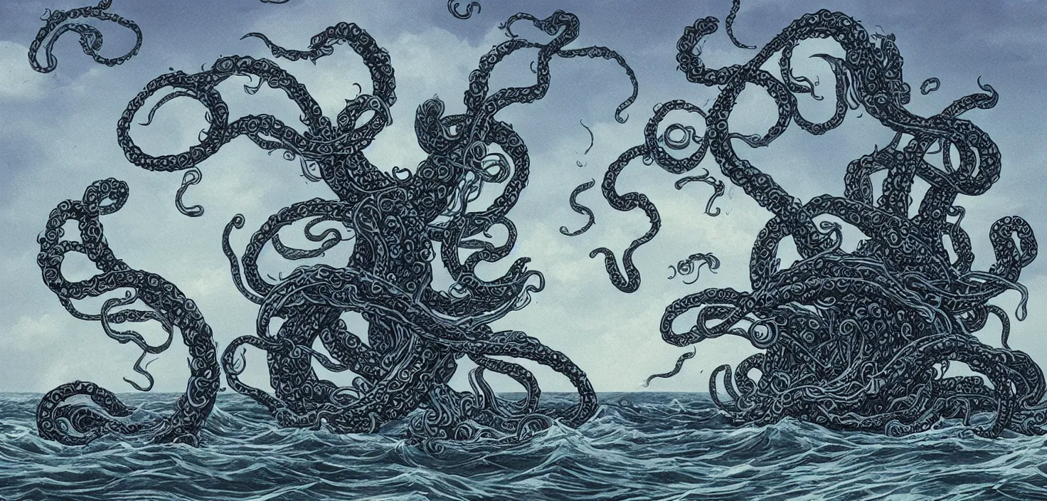 Prompt: kraken ships, tentacles rising from the sea