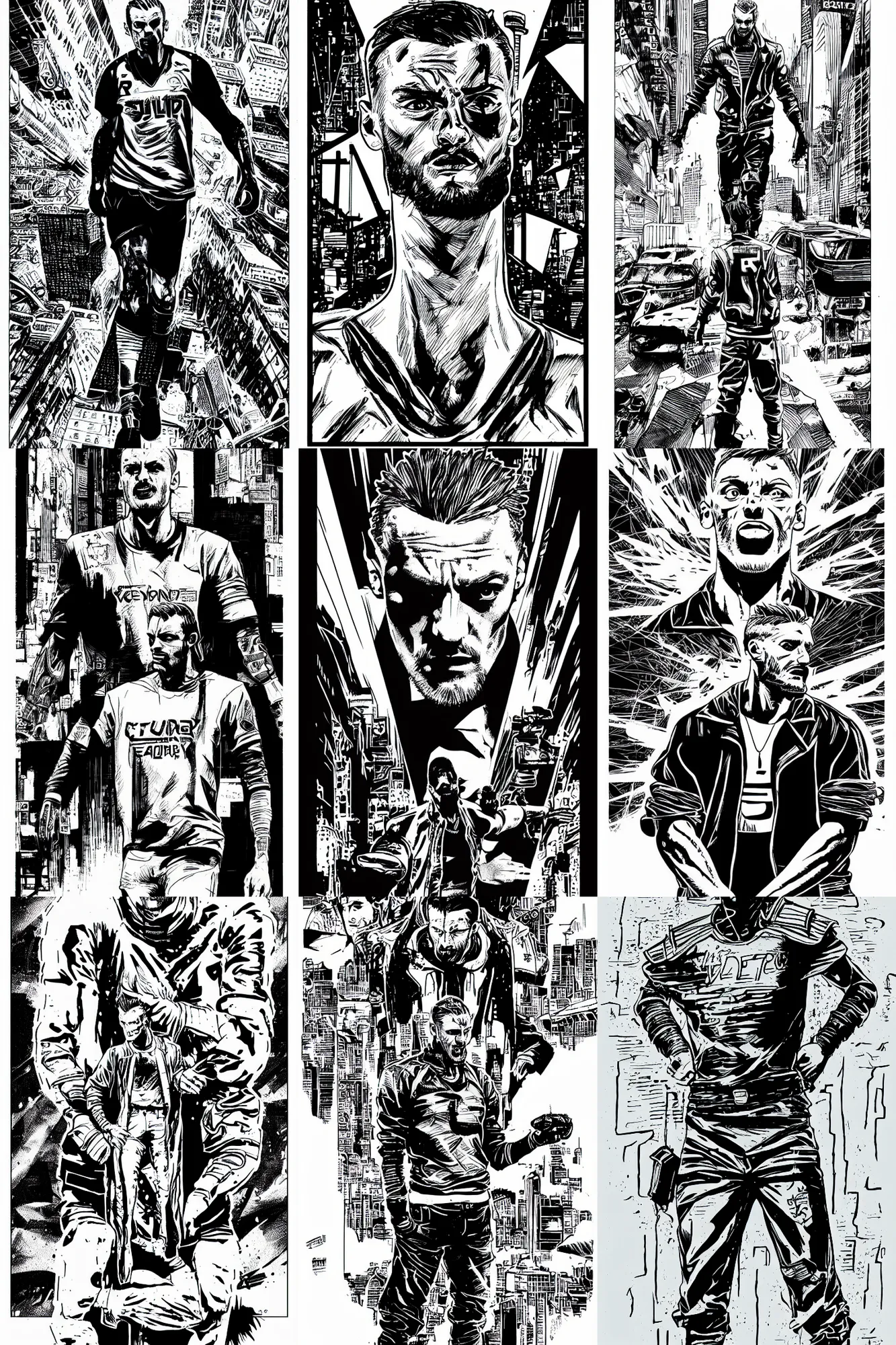 Prompt: jamie vardy standing heroically, a page from cyberpunk 2 0 2 0, style of paolo parente, style of mike jackson, 1 9 9 0 s comic book style, white background, ink drawing, black and white