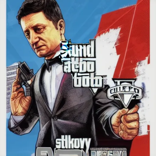 Image similar to “President Zelensky in GTA V, cover art by Stephen Bliss, Boxart, loadscreen”