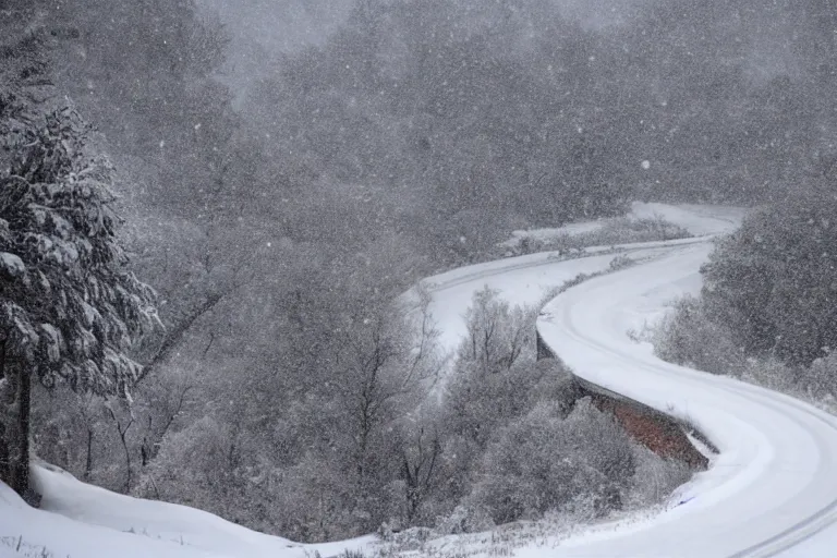 Image similar to a dangerous winding road route on an icy snowy cliff, blizzard, photo