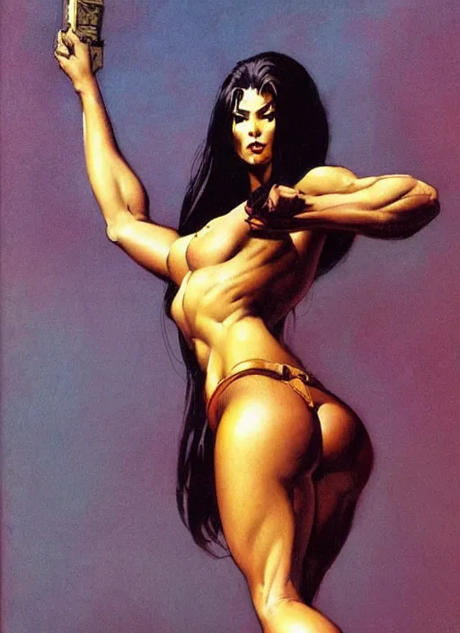 Prompt: ample golden saint girl, strong line, deep color, beautiful! coherent! by frank frazetta, by brom, low angle