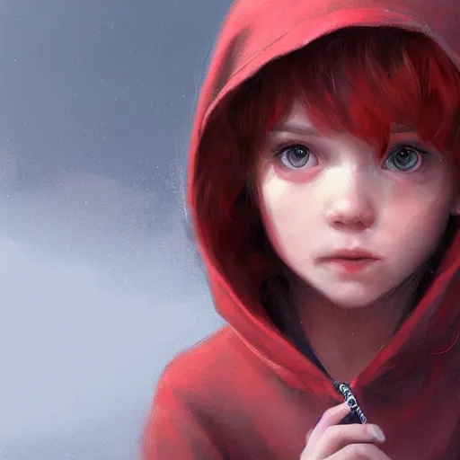 Prompt: a tiny girl with short red hair wearing a hoodie, digital art, cute face, very beautiful face, pretty face, very detailed eyes, full body illustration, 8 k resolution, soft painting, by greg rutkowski, wlop, rossdraws,