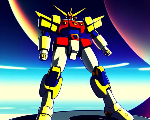 Image similar to anime illustration of a large robust gundam, over looking saturn, wide shot, bokeh, ilya kuvshinov, anime, pixiv top monthly, trending on artstation, cinematic, danbooru, zerochan art, kyoto animation
