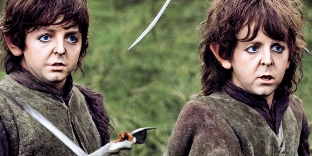 Image similar to A full color still of young Paul McCartney in Hobbit makeup and costume, in The Lord of the Rings directed by Stanley Kubrick,