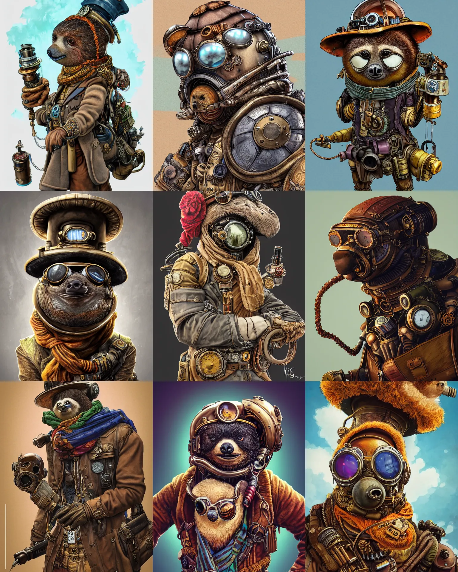 Prompt: highly detailed colored ink illustration full shot portrait of a steampunk dieselpunk mythpunk sloth wearing a helmet and a scarf, 4 k unreal engine, octane render, clean shaped illustration by kim jung gi, ric estrada, ron english and eiichiro oda