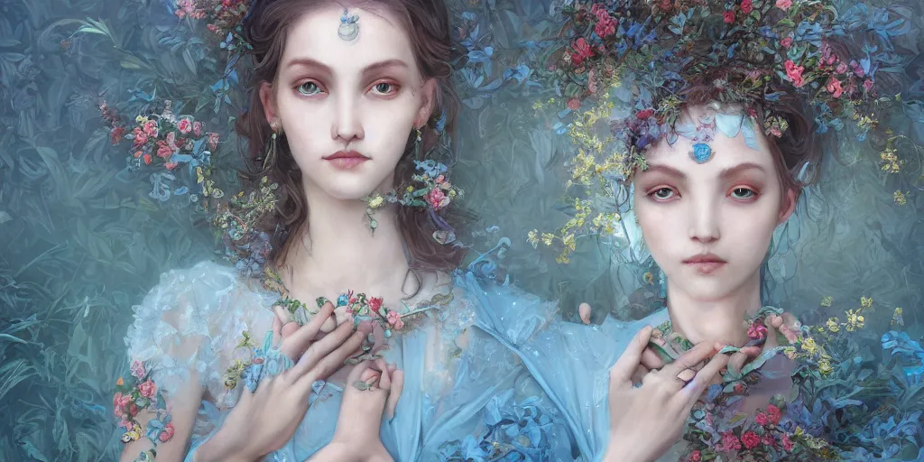 Image similar to breathtaking detailed concept art painting portrait of the hugs goddess of light blue flowers, carroty hair, orthodox saint, with anxious piercing eyes, ornate background, amalgamation of leaves and flowers, by hsiao - ron cheng, extremely moody lighting, 8 k