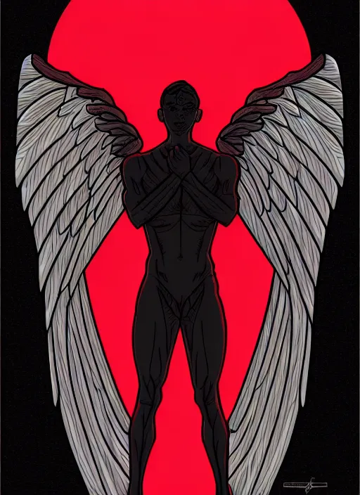 Image similar to symmetry!! concept art, art by dan mumford!!, full shot, sketch!! of a male angel, smooth, sharp focus, illustration