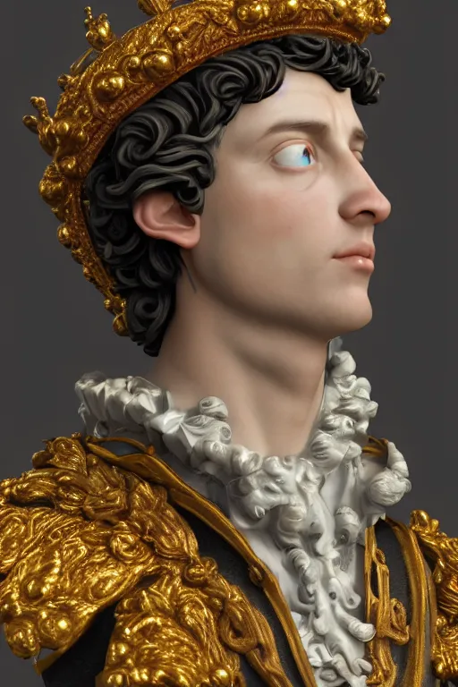 Image similar to a realistic porcelain rococo style bust of handsome young Spanish prince with colored pipecleaners for a crown and suspended in outer space, photorealism, octane render, depth of field, 8k, 35mm, artgem, Trending on artstation