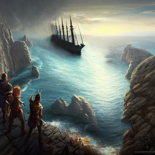 Image similar to D&D adventuring party facing away on cliff overlooking half-sunk realistic ship, naval background, portrait, magic the gathering artwork, D&D, fantasy, cinematic lighting, centered, symmetrical, highly detailed, digital painting, artstation, concept art, smooth, sharp focus, illustration, volumetric lighting, epic Composition, 8k, art by Akihiko Yoshida and Greg Rutkowski and Craig Mullins, oil painting, cgsociety