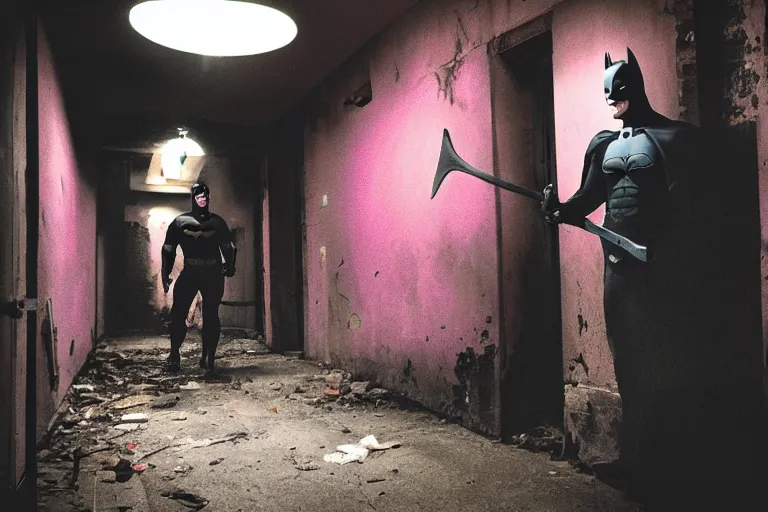 Image similar to batman wearing pink apron wielding an axe, chasing through old brown decrepit hallway, creepy smile, atmospheric eerie lighting, dim lighting, bodycam footage, photograph