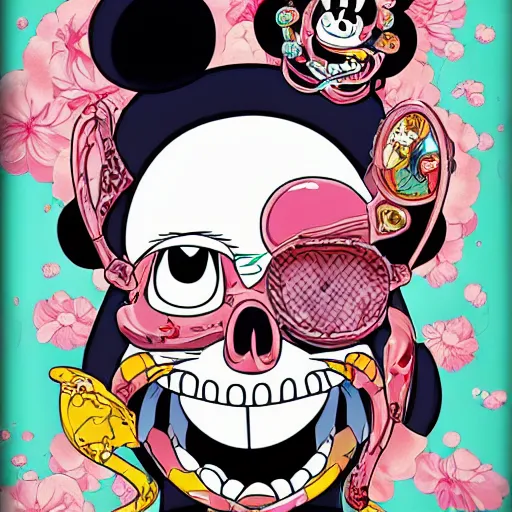 Image similar to anime manga skull portrait girl face mickey mouse marge simpson detailed highres 4k by trevor brown and James Jean and will cotton pop art nouveau