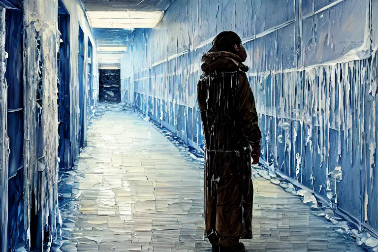 Image similar to palette knife oil painting of a patient at a mental asylum who is frozen with ice, standing in a frozen corridor, extreme detail, artstation trending, artgerm, any racial background, deviant art, octane, substance, art history 8 k