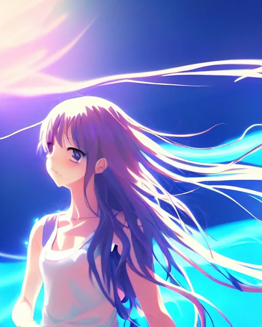 Image similar to anime style, vivid, expressive, full body, 4 k, a cute girl with white skin and long wavy hair humming a song, stunning, realistic light and shadow effects, centered, simple background, studio ghibly makoto shinkai yuji yamaguchi