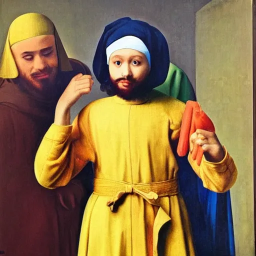 Prompt: Masterpiece Portrait of Muslim Ronald mcdonald, dressed thobe, Ghutra and Egal, style of Johannes Vermeer