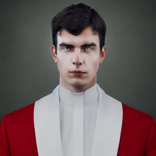 Image similar to portrait of a regal prince with sharp cheekbones, white clothes, high collar, close up, wistful melancholic hopeful expression, super details, angry people behind him furious and red, modern digital art, matte painting, science fiction