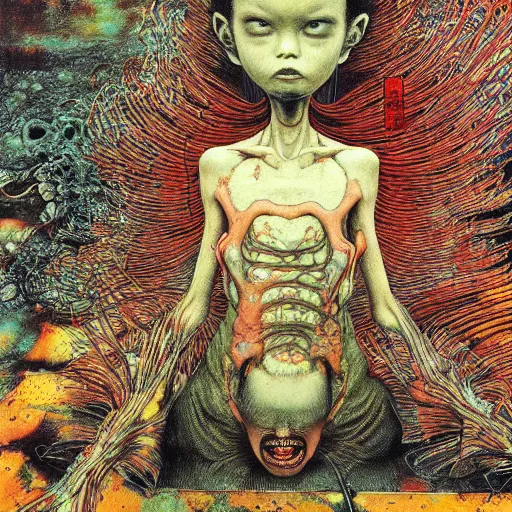 Image similar to realistic detailed image of a Horrific Crime Scene, Shintaro Kago, Kentaro Miura, Neo-Gothic, grotesque, rich deep colors. Beksinski painting, part by Adrian Ghenie and Gerhard Richter. art by Takato Yamamoto. masterpiece