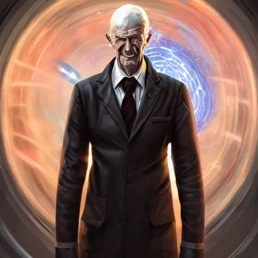 Image similar to marvel comic book style portrait painting of an old short thin man with a thin mean face, wearing a futuristic lab coat, standing in front of a computer simulation, sci - fi, intricate, elegant, highly detailed, digital painting, artstation, concept art, matte, sharp focus, illustration, art by artgerm and greg rutkowski and jim burns and alan lee