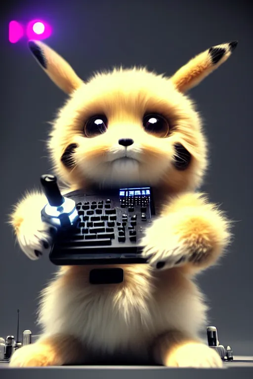Image similar to high quality 3 d render very cute fluffy cyborg!! dog! plays synthesizer, cyberpunk highly detailed, unreal engine cinematic smooth, in the style of blade runner & detective pikachu, hannah yata charlie immer, moody light, low angle, uhd 8 k, sharp focus