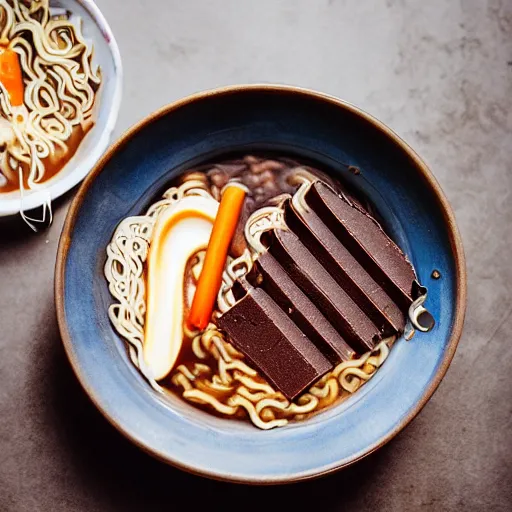 Prompt: chocolate bars in a bowl of ramen, professional food photography, gastronomy magazine