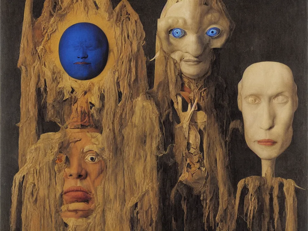 Image similar to Portrait of albino mystic with blue eyes, with totemic archaic mask made from Quartz. Painting by Jan van Eyck, Audubon, Rene Magritte, Agnes Pelton, Max Ernst, Walton Ford