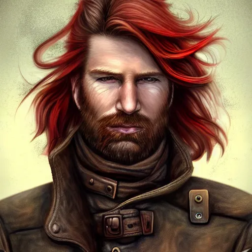 Prompt: portrait of a rugged!!!! male captain with long red hair!!!!!!, upper body, flowing hair, ethereal, handsome, leather coat, Steampunk zeppelin!!!!!!!, D&D, fantasy, simple clothing!!!!, elegant, highly detailed, digital painting, deviantart, artstation, concept art, sharp focus, illustration, art by Artgerm and Greg Rutkowski and Alphonse Mucha