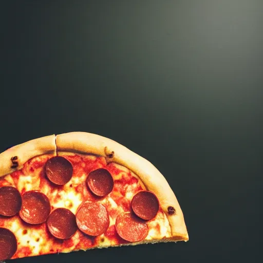 Image similar to a macro photo of a slice of pizza, cheese and pepperoni, hyper realistic, hyper detailed, 35mm, very grainy film, volumetric studio lighting, bokeh, black background award winning shot, vogue magazine, cinematic, 8k, very closeup, elegant, tender, pastel