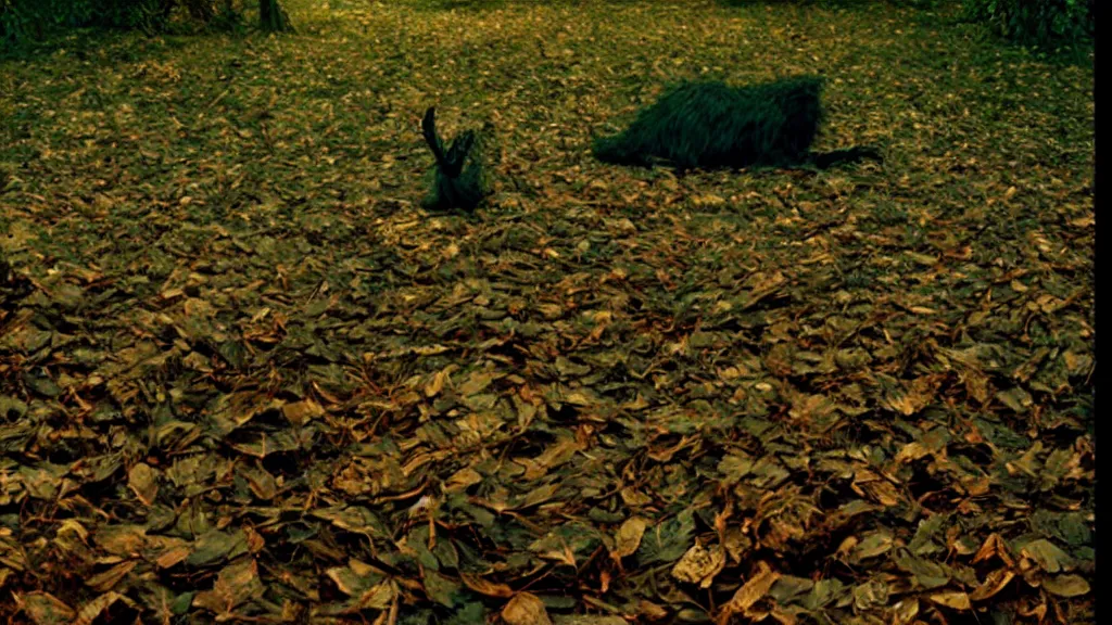 Image similar to the strange creature, made of leaves, film still from the movie directed by Denis Villeneuve with art direction by Salvador Dalí, wide lens