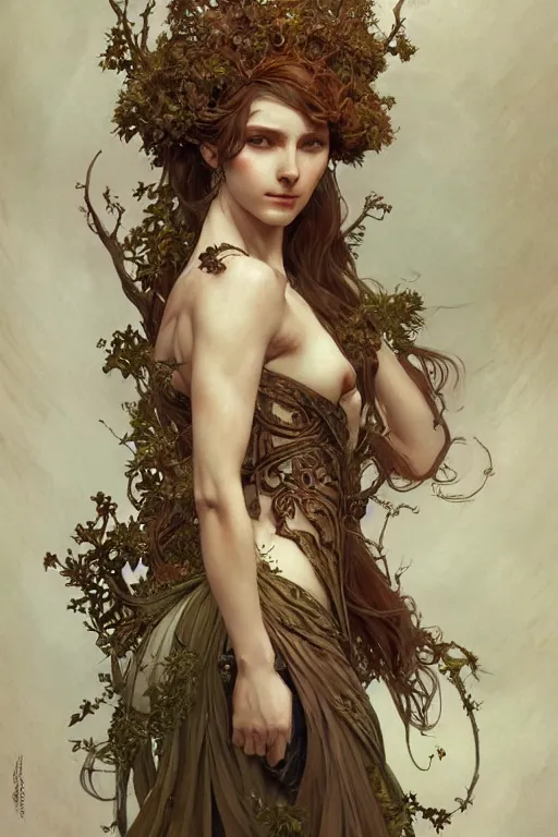 Image similar to A full portrait of an ancient noridc dryad, intricate, elegant, highly detailed, digital painting, artstation, concept art, smooth, sharp focus, illustration, art by Krenz Cushart and Artem Demura and alphonse mucha