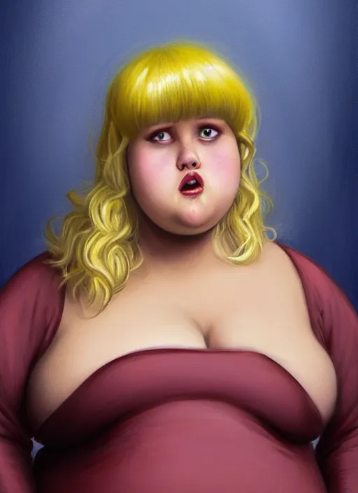 Image similar to full body portrait, teenage betty cooper, blonde hair, obese, bangs, ponytail, sultry, realistic, sultry smirk, fluffy bangs, curly bangs, fat, belly, beautiful girl, intricate, elegant, highly detailed, digital painting, artstation, concept art, smooth, sharp focus, illustration, art by wlop, mars ravelo and greg rutkowski