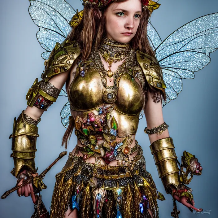 Prompt: full body photo of a very beautiful!! fairy queen with bejewelled armour, highly detailed, 4 k, hdr, smooth, sharp focus, high resolution, award - winning photo