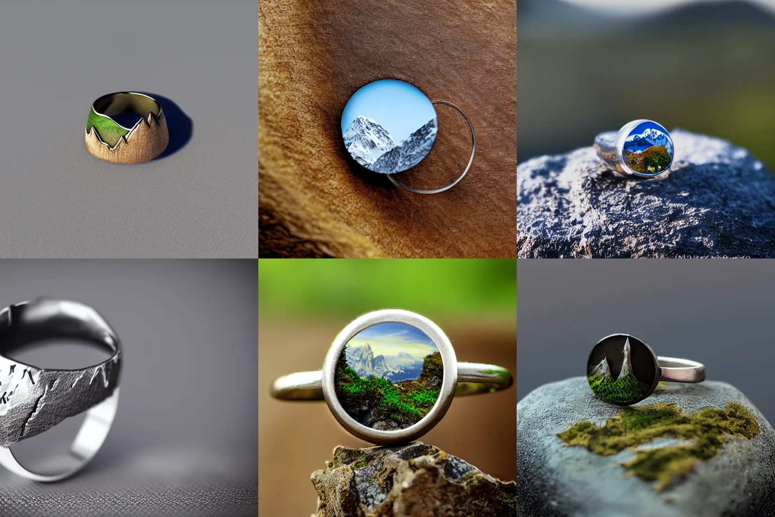 Prompt: ring with a realistic mountain range on the edge of it, mini world on ring, macro, 4 k, photorealistic, fantasy