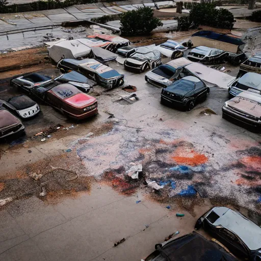 Prompt: aerial photography, a number of car, dust, humus, wet street, graffiti on wall, trash scattered everywhere, abandoned car garage, 8 k, uhd, after rain, cinematic lighting, incrinate