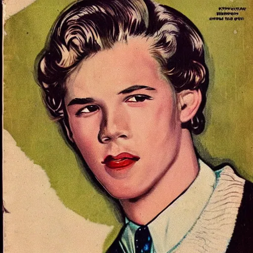 Image similar to “Austin Butler portrait, color vintage magazine illustration 1950”