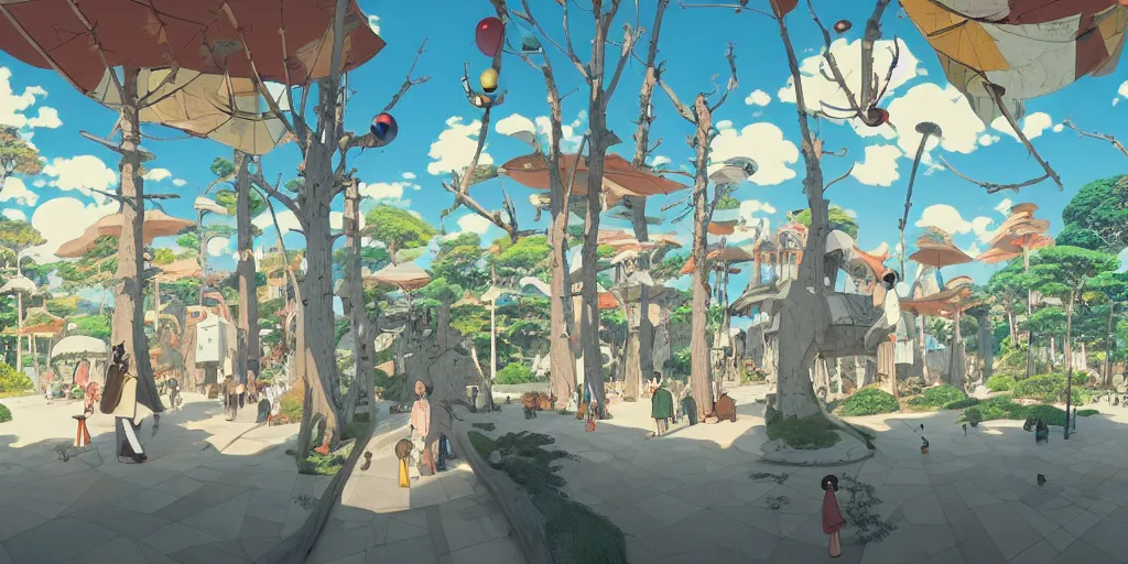 Prompt: a modern art gallery, natural lighting, playful color scheme, intricate details, matte painting, illustration, by hayao miyazaki