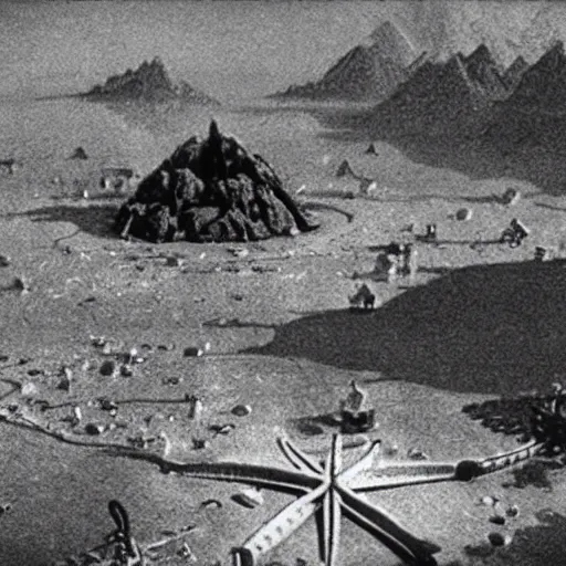 Image similar to a giant Kaiju Starfish Monster over a traditional Korean village, minimal cinematography by Akira Kurosawa, hyperrealistic movie filmstill, film noir, thriller by Fritz Lang