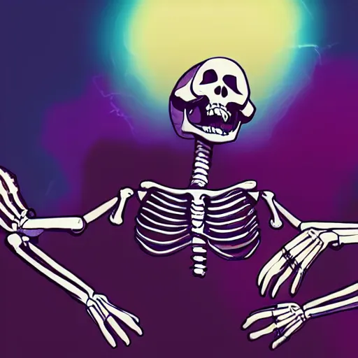 Image similar to a skeleton yelling at his teammate over xbox live, vivid, detailed, outrun, synthwave, vaporwave