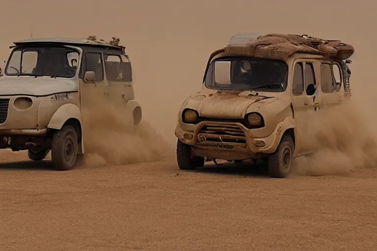 Image similar to epic sandstorm battle, Renault 4 Master cars in the Movie Mad Max: Fury Road (2015