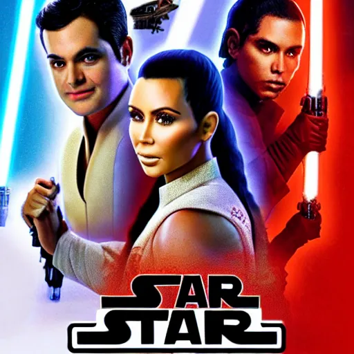 Image similar to super detailed star wars movie poster with ben shapiro, snooki and kim kardashian, 8k full HD photo, cinematic lighting, anatomically correct, oscar award winning, action filled, correct eye placement,