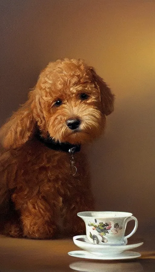 Prompt: painting of tiny goldendoodle dog in a teacup, by Peder Krøyer, dramatic lighting, golden hour, adorable, intricate detail, canvas print