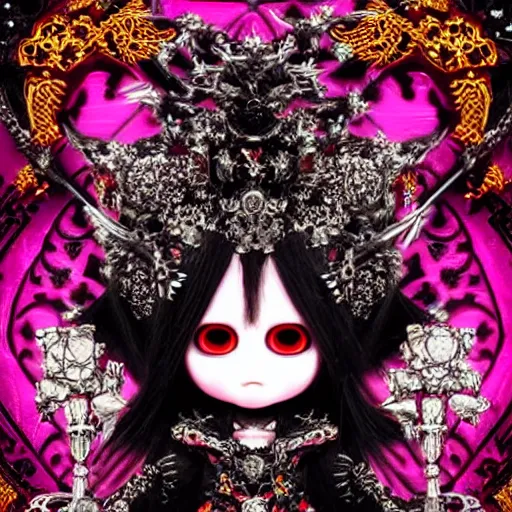 Image similar to baroque bedazzled gothic royalty frames surrounding a pixelsort emo demonic horrorcore japanese yokai doll, low quality sharpened graphics, remastered chromatic aberration spiked korean bloodmoon sigil stars draincore, gothic demon hellfire hexed witchcore aesthetic, dark vhs gothic hearts, neon glyphs spiked with red maroon glitter breakcore art by guro manga artist Shintaro Kago