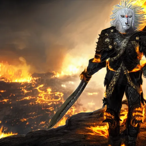 Image similar to Lionman with white hair and glowing yellow eyes wearing leather armor, walking towards the camera, burning city in background, charred landscape, Ray Tracing Global Illumination, wielding a longsword, detailed fantasy art, Dim Lighting