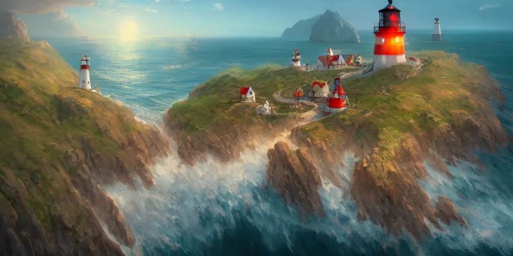 Image similar to Small fantasy village on a cape with a lighthouse, fishing boats, view from above. In style of Greg Rutkowski, Jesper Ejsing, Makoto Shinkai, trending on ArtStation, fantasy, great composition, concept art, highly detailed, scenery, 8K, Behance.