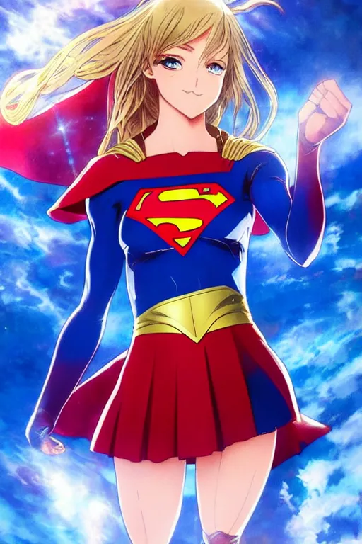 Image similar to anime key visual of a beautiful female supergirl!! intricate, red, blue gold suit, powers, speed, dc comics, cinematic, stunning, highly detailed, digital painting, artstation, smooth, hard focus, illustration, art by artgerm and greg rutkowski and alphonse mucha