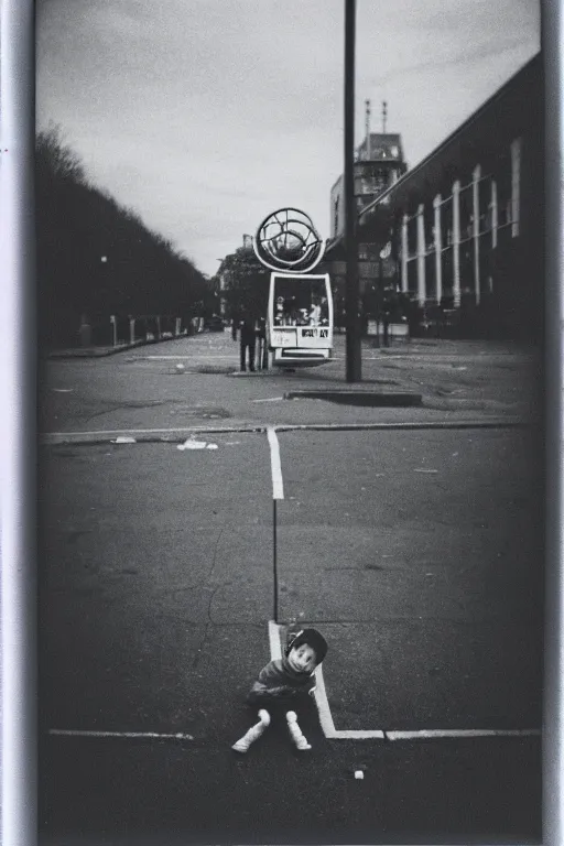 Prompt: photo polaroid of a sad and lonely child in the middle of a street holds the string of a balloon in front of him a Ferris wheel of a funfair, loneliness, black and white ,photorealistic, 35mm film,