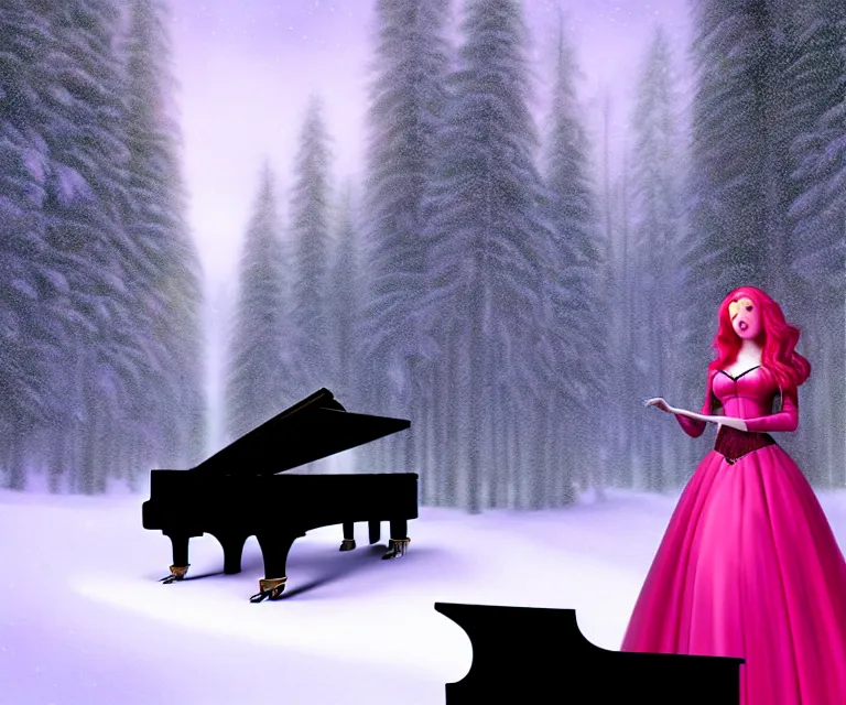 Prompt: a photorealistic rendering of a beautiful face gothic girl, pink hair in a stunning red dress playing a piano in the dark snowy forest by randolph stanley hewton, cg society contest winner, matte painting