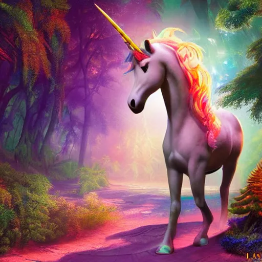 Prompt: Portrait of a unicorn in a fantasy forrest, lisa frank, craig mullins, octane, 8k, detailed illustration