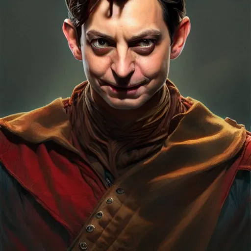 Prompt: handsome Tobey Maguire as Goblin Jr, western, D&D, fantasy, intricate, elegant, highly detailed, digital painting, artstation, concept art, matte, sharp focus, illustration, art by Artgerm and Greg Rutkowski and Alphonse Mucha