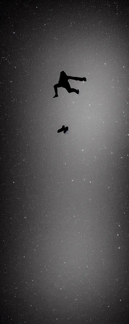 Prompt: a man falling in the blackness of space, stars in the background, wide shot, background, space, minimalist, realistic, b&w, void