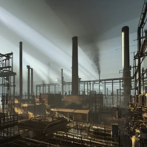 Image similar to factories of the industrial revolution in the great britain, highly detailed, photorealistic shot, bright studio setting, studio lighting, crisp quality and light reflections, unreal engine 5 quality render