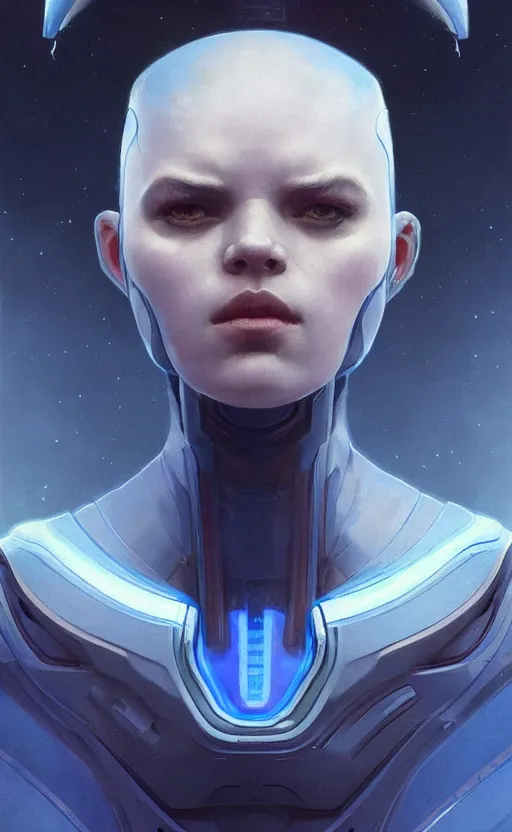 Image similar to portrait of a blue alien wearing a tight and smooth space suit, intimidating, intricate, headshot, highly detailed, digital painting, artstation, concept art, sharp focus, cinematic lighting, illustration, art by artgerm and greg rutkowski, alphonse mucha, cgsociety